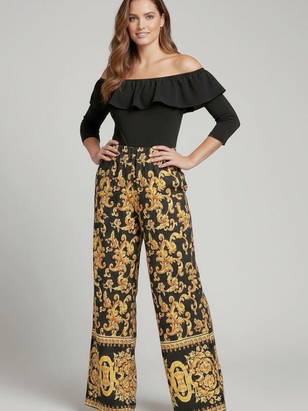 Black Gold Baroque Off Shoulder Wide Leg Jumpsuit Ruffle Shoulders XL